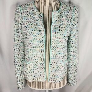 Matty M Seafoam Green Fuzzy White & Multi Dots Open Front Cardigan Size Small
